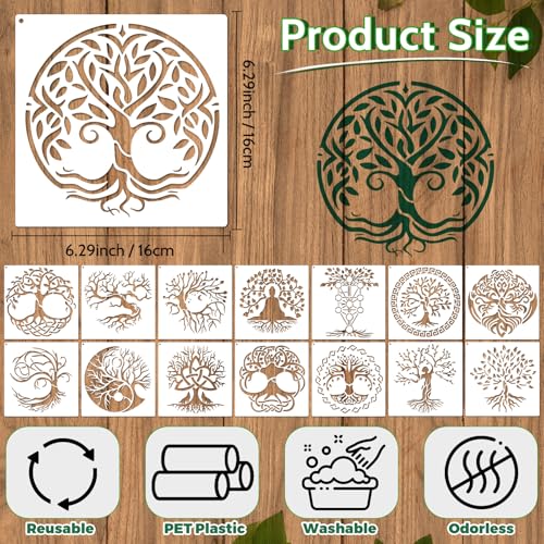 Yazhiji 15Pcs 6 x 6 Inch Tree of Life Stencil, Reusable Stencils for Painting on Wood Decoration Painting Templates for Wall Floor DIY Decorations Christmas Gifts for Kids - style: Tree of Life