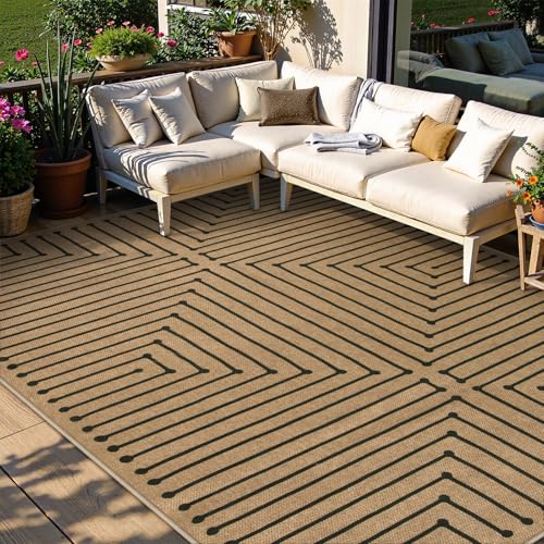 Lahome Tan Rug for Living Room,Geometric 8x10 Washable Nature Easy Jute Rug - color: Brown and Black-rhombus, size: 8 x 10 feet