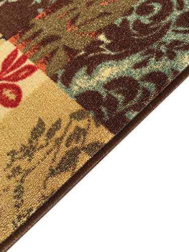 Kapaqua Rubber Backed Mat 18" x 32" Italian Floral Panel Boxes Brown Multicolor Doormat Accent Rug - Rana Collection Kitchen Dining Living Hallway Bathroom Pet Entry Rugs RAN2029-12