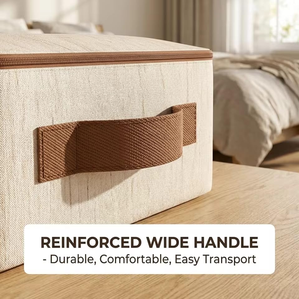 Storage Box with Lid & Zipper – 56L Large Cotton Linen Organizer Bin, Hardboard Structure, Gold Two-Way Zipper, Leather Handle, Foldable Closet Box for Clothes Blankets Toys, Beige