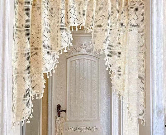 Boho Crochet Swag Curtain Valance with Tassels, Lace Floral Embroidered Semi Sheer Kitchen Valance Rod Pocket Vintage Window Treatments for Living Room Farmhouse Bathroom(Beige, W59 X L39) - color: Beige