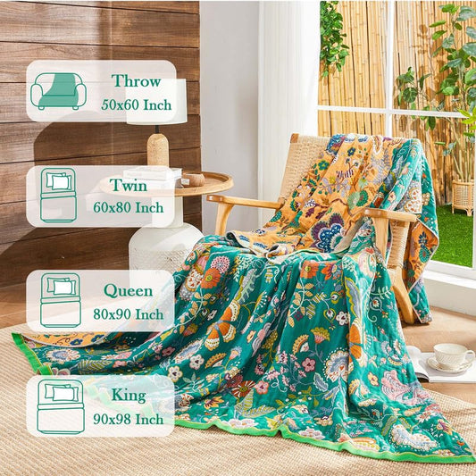 Boho Throw Blanket Cotton Muslin Woven Flower Decorative Blankets 50"x60" - color: C-green, size: 50x60 Inch