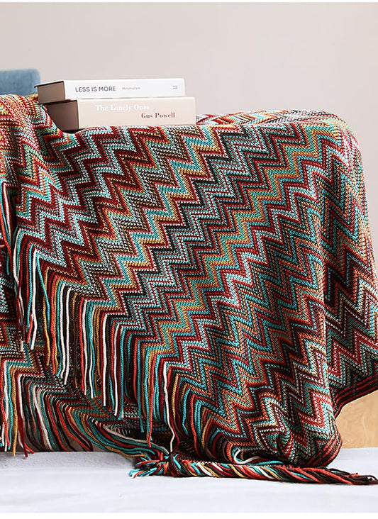 Throw Blanket Bohemian Knitted with Tassel 50x60 Inch (Red) - color: Red