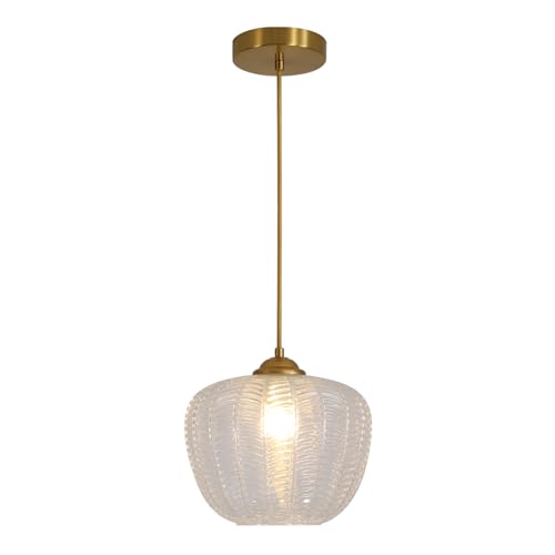 KCO Lighting Clear Glass Pendant Lights Kitchen Island Light Fixture Vintage Ribbed Glass Ceiling Light Antique Brass Pendant Light Gold Globe Pendant Light Fixture - color: Clear