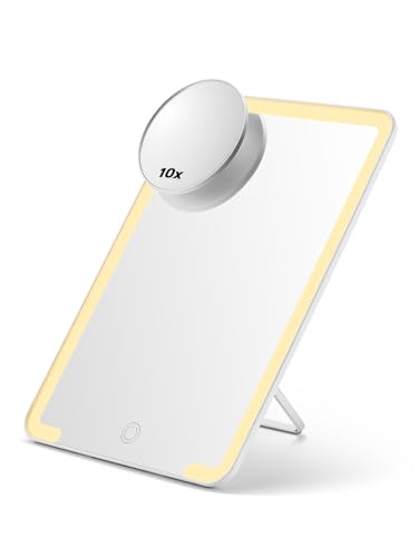OMIRO 10 x 7 in Makeup Mirror with Lights and 10X Magnetic Magnifier, White - size: 10"L x 7"W