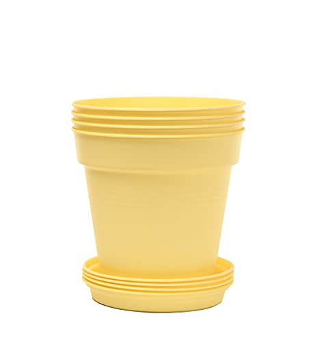 Mintra Garden Pots, 4 Pack Bulk Plastic Plant Pots with Drainage Tray, Round Indoor & Outdoor Decorative Planters with Drain Holes for Flowers, Herbs & Plants, 15cm Diameter – Yellow, 5.9 in - color: Yellow, size: 15cm Diameter (5.9in)