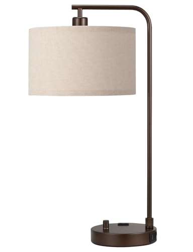 20.7" Tall Table Lamp with USB & Outlet, Fully Dimmable Nightstand Lamp - color: E-Beige Shade & Brown Base