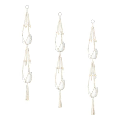 Mkono Macrame Double Plant Hanger Indoor Outdoor 2 Tier Hanging Planter Basket Cotton Rope with Beads 4 Legs 49 Inches (Pack of 3) - size: 49" (Pack of 3)