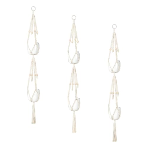 Mkono Macrame Double Plant Hanger Indoor Outdoor 2 Tier Hanging Planter Basket Cotton Rope with Beads 4 Legs 49 Inches (Pack of 3) - size: 49" (Pack of 3)