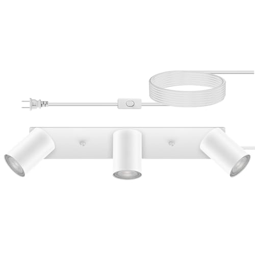 Plug in Track Lighting, 3 Light Ceiling Lighting Kit, White 3 Way Modern Wall Spotlight, 15 FT Cord,Flexibly Rotatable Complete Light Kits for Kitchen Cabinet Gallery Bar Living Room（No Bulb） - color: White
