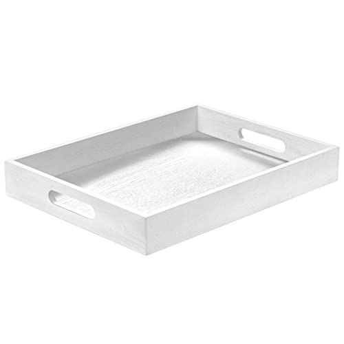 ATZYmolin White Wood Serving Tray with Handles, Rectangle Vanity Platter - color: White