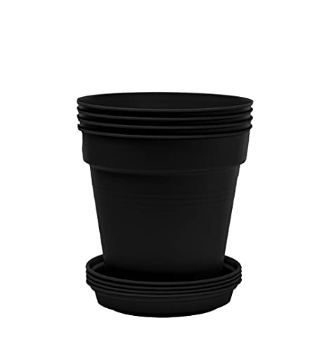 Mintra Garden Pots, 4 Pack Bulk Plastic Plant Pots with Drainage Tray, Round Indoor & Outdoor Decorative Planters with Drain Holes for Flowers, Herbs & Plants, 15cm Diameter – Black, 5.9 in - color: Black, size: 15cm Diameter (5.9in)