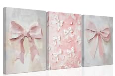Pink Bow Canvas Wall Art Set of 3 Coquette Oil Painting Cute Bow Posters Wall Decor Trendy Preppy Print Picture for Back to School Bedroom Bathroom College Dorm 16x24 In Framed - color: Oil Bow, size: 24L"x16W"