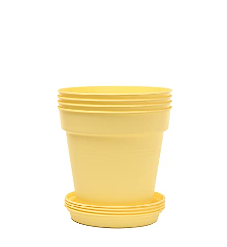 Mintra Garden Pots, 4 Pack Bulk Plastic Plant Pots with Drainage Tray, Round Indoor & Outdoor Decorative Planters with Drain Holes for Flowers, Herbs & Plants, 13cm Diameter – Yellow, 5 in - color: Yellow, size: 13cm Diameter (5in)