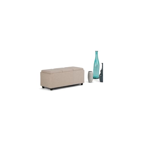 SIMPLIHOME Avalon 42" Wide Linen Look Fabric Storage Ottoman in Natural - color: Natural
