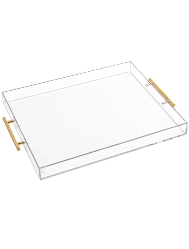 Large Clear Acrylic Serving Tray (16×18 Inches) with Gold Handles Spill Proof Acrylic Decorative Tray Organiser for Ottoman Coffee Table Countertop - size: 16x18 Inches