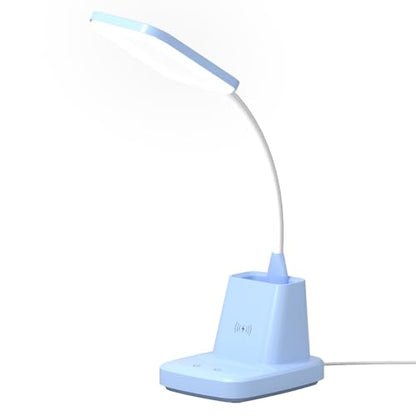 LED Desk Lamp with 10W Wireless Charging & Pen Holder, Blue - color: Blue