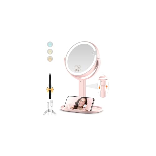 MOMOKUBA Makeup Mirror with Lights, 30X Magnifying Mirrors, Height Adjustable, Vanity Mirror with Lights Rechargeable 3 Color Modes, Double-Sided Detachable Travel Mirrors, Gift for Women, Pink/30X - color: Pink
