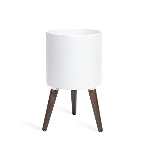 D'vine Dev 10 Inch Planter Pot with Wood Stand, White, 88-O-B-1 - color: Matte White, size: Medium
