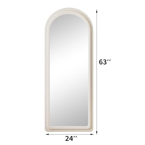 Floor Mirror, Full Length Mirror with Stand, 63"x24" Freestanding Arched Mirror Full Length Hanging or Leaning, Wall Mounted Mirrors with Flannel Frame, Large Mirrors for Bedroom (White) - color: Arched - White
