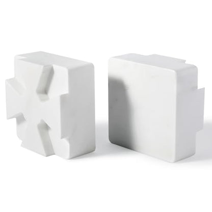 Decorative Square Marble Bookends for Heavy Books – Unique Book Ends for Shelves – Modern Aesthetic Book Holder/Stopper with Non-Slip Pads for Chic Home, Office, or Library Decor, White - style: Square-White