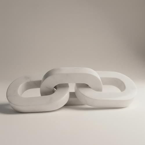 Natural White Marble 3-Link Chain Decor – 13.5 Inch Oval Cornered Design Handcrafted Marble Chain Sculpture Modern Tabletop & Shelf Accent for Home Décor