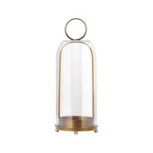 16" High Versatile Modern Metal Hurricane Lantern with Handmade Sturdy Glass Dome in Antique Brass for Pillar Candle & Plants, Industrial, Farmhouse, Shabby Chic (Brass, 6.3"x16.5") - color: Brass, size: 6.3"x16.5"