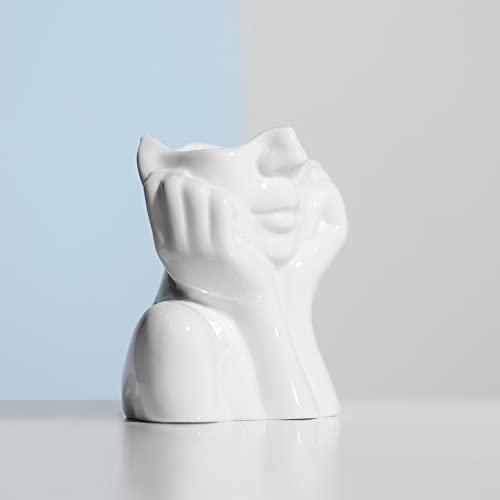 BrownLove Ceramic Face Vase White Flower Vase for Decor Female Form Face Vase Art Vase Modern Decorative Vase Centerpiece for Table Shelf Living Room Office Bedroom Small - style: Face Vase - Hands on Cheeks
