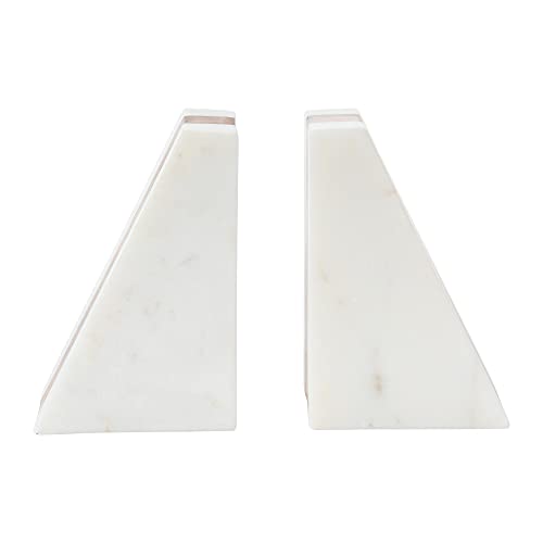 Main + Mesa Marble Geometric Bookends with Wood Inlay, White - size: 4" wide x 6" tall x 3" deep