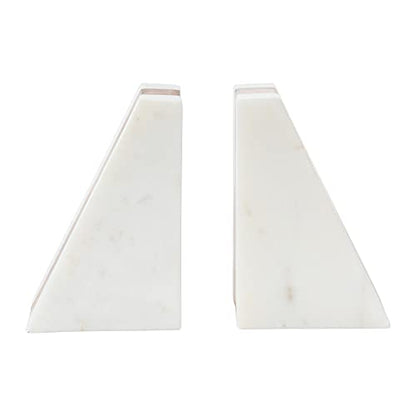 Main + Mesa Marble Geometric Bookends with Wood Inlay, White - size: 4" wide x 6" tall x 3" deep