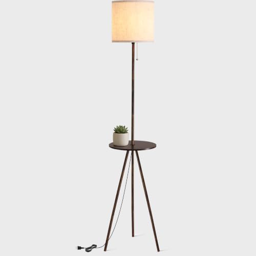 Floor Lamp with Side Table, Linen Shade, Standing Lamp for Living Room - color: Rustic Brown