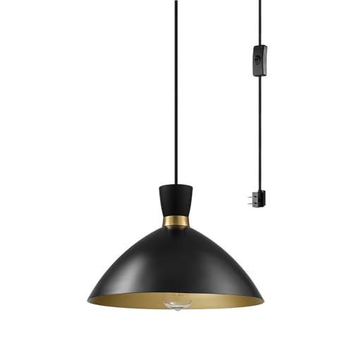 Globe Electric 1-Light Plug-in Pendant Light, Matte Black Shade with Brass Interior, in-Line Switch, Modern Kitchen Island or Living Room Lighting - color: Matte Black
