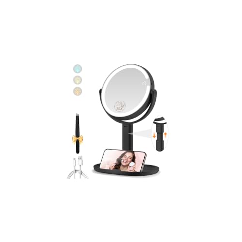 MOMOKUBA Makeup Mirror with Lights, 30X Magnifying Mirrors, Height Adjustable, Vanity Mirror with Lights Rechargeable 3 Color Modes, Double-Sided Detachable Travel Mirrors, Gift for Women, Black/30X - color: Black/30x