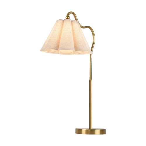 Table Lamp with Beige Pleated Linen Shade, Curved Gold Metal Base, E26 Socket – 23" Tall Modern Bedside Desk Lamp for Bedroom, Living Room, Office – Bulb Not Included - color: Gold