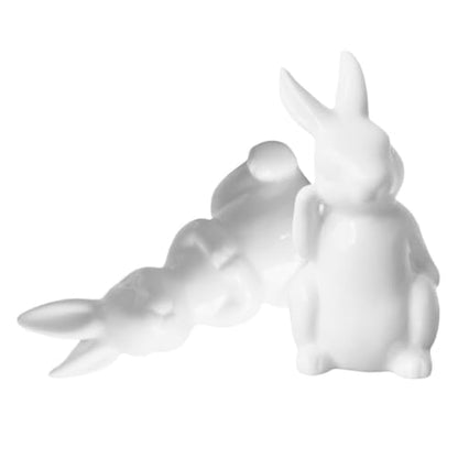 2Pcs Easter Bunny Figurines White Ceramic Rabbit Statues for Spring Home Decoration, Small Animal Sculpture for Tabletop Centerpiece, Cute Mini Holiday Party Shelf Ornaments