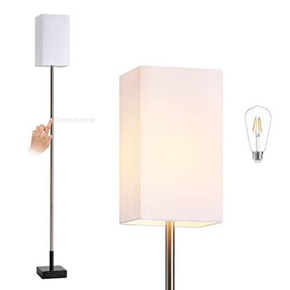 Modern Floor Lamp for Living Room, Tall Black Floor Lamp with Square Linen Shade, Pull Chain Switch and Stable Metal Base, Standing Lamp for Bedroom, Reading Nook and Office, Bulb Included