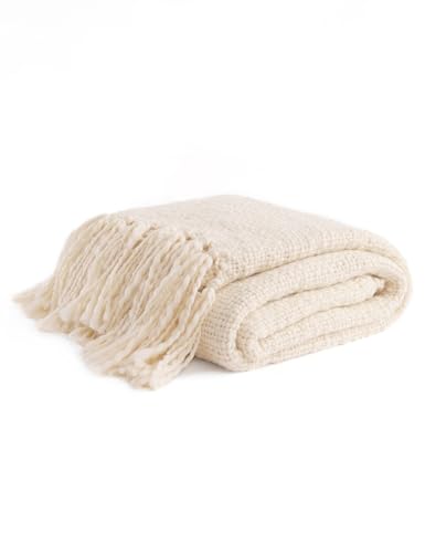 YnM Basketweave Knit Throw, Solid Neutral Vibe Textured Blanket with Tassel for Home Decor, 50 x 60 in, Cream - color: Cream
