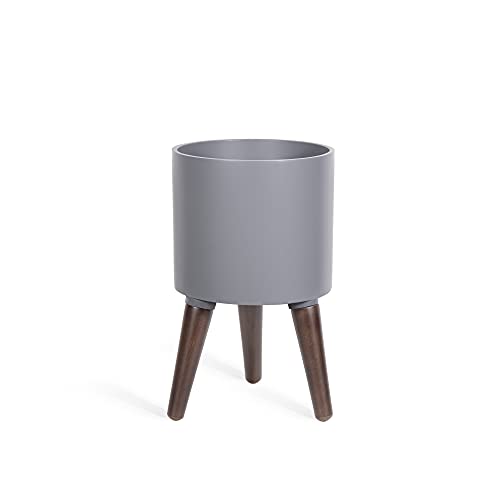 D'vine Dev 8 Inch Planter Pot with Wood Stand, Grey, 88-O-A-3 - color: Matte Grey, size: Small