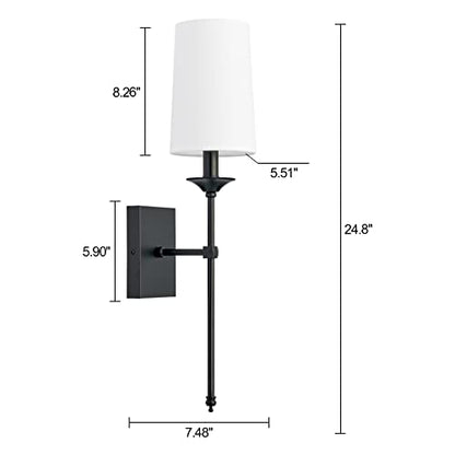Hardwired Wall Sconces Set of 2, Mid Century Candlestick Style Wall Mounted Sconce with Pure White Cylindrical Shade and Long Slim Stem,for Bathroom Bedroom Living Room - color: Black