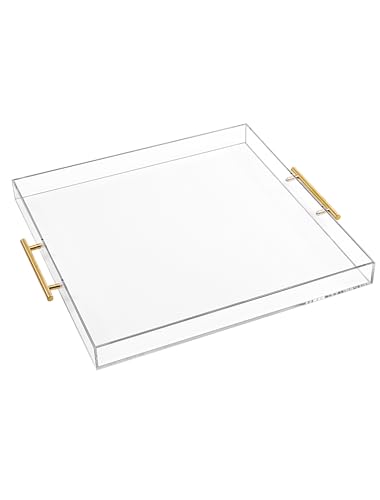Extra Large Clear Acrylic Serving Tray (18×18 Inches) with Gold Handles Spill Proof Acrylic Over Size Big Decorative Tray Organiser for Ottoman Coffee Table Countertop - size: 18x18 Inches