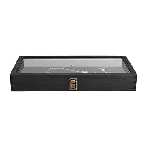 MOOCA Wooden Jewelry Display Case, Pocket Knife Display Case with Tempered Glass Top Lid and Removable Black Luxurious MDF Velvet Jewelry Pad, Black Color - color: 2) Black