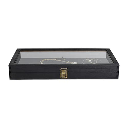 MOOCA 2 Pcs Wooden Jewelry Display Case, Pocket Knife Display Case with Tempered Glass Top Lid and Removable Black Luxurious MDF Velvet Jewelry Pad, Black Color - color: 9E) Black, 2 pieces