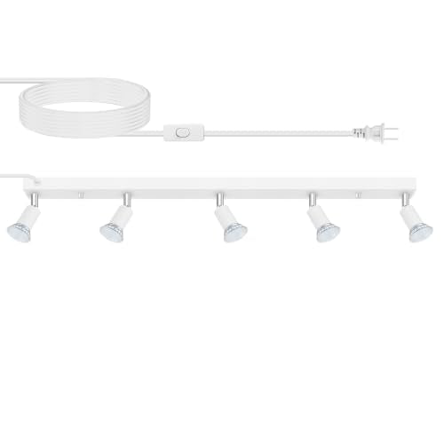AUQUEE Plug in Track Light, White, 30", 5 Way GU10 Track Ceiling Lighting | GU10 Wall Spotlight，Rotatable Track Head, For Kitchen Cabinet Gallery Bar Hallway Living Room, Rocker Switch, 15 FT Cord - color: White-5 lights