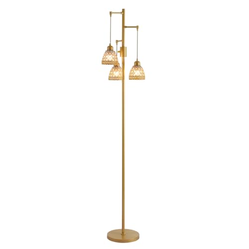 Vintage 3-Head Floor Lamp with Crystal Beads, Industrial Metal Standing Retro Lamp Adjustable Hanging Light for Living Room, Gold - color: Gold