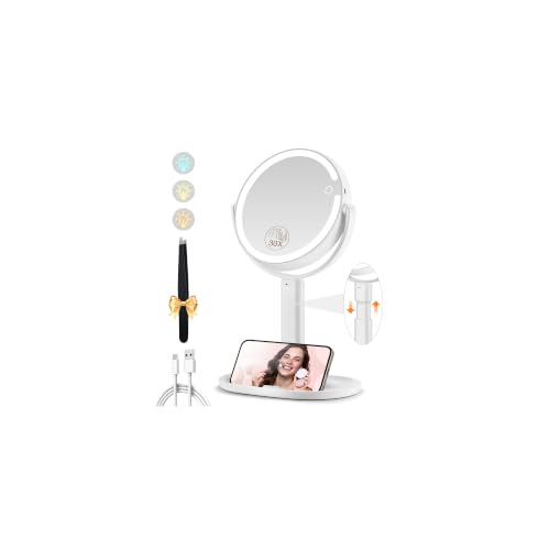 MOMOKUBA Makeup Mirror with Lights, 30X Magnifying Mirrors, Height Adjustable, Vanity Mirror with Lights Rechargeable 3 Color Modes, Double-Sided Detachable Travel Mirrors, Gift for Women, White/30X - color: White/30x