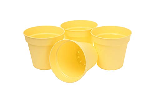 Mintra Garden Pots, 4 Pack Bulk Plastic Plant Pots with Drainage Tray, Round Indoor & Outdoor Decorative Planters with Drain Holes for Flowers, Herbs & Plants, 15cm Diameter – Yellow, 5.9 in - color: Yellow, size: 15cm Diameter (5.9in)