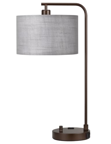 20.7" Tall Table Lamp with USB & Outlet, Fully Dimmable Nightstand Lamp - color: H-Gray Shade & Brown Base