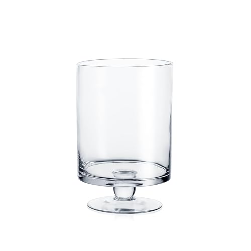 WGVI Clear Glass Pedestal Hurricane Candle Holder, 5.9" W, 9.9" H, Decorative Vase for Pillar Candles, Short Stemmed Candleholder Cylinder, Tabletop Centerpieces, Home Décor, Elegant Design, 1 Piece - size: 10" H