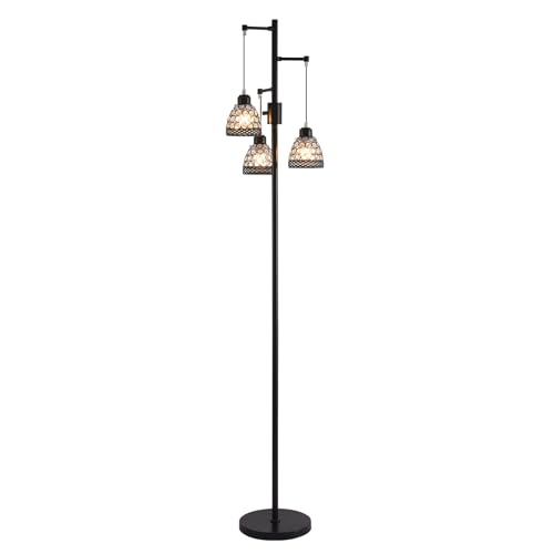 Vintage 3-Head Floor Lamp with Crystal Beads, Industrial Metal Standing Retro Lamp Adjustable Hanging Light for Living Room-Black - color: Black