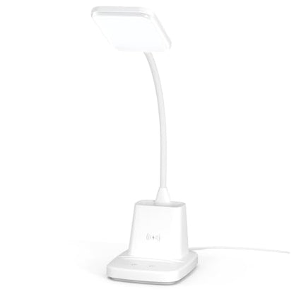 Upgraded 10W Wireless Charging LED Desk Lamp with Pen Holder, White - color: White
